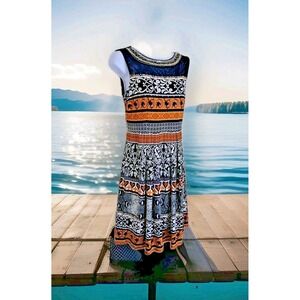 Sandra Darren Dress 8 Navy Gold Geometric Beaded Neckline Sleeveless Artsy Boho